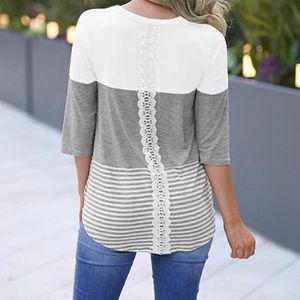 Fine 2 White/Black Grey 3/4 Sleeve Top Lace Back